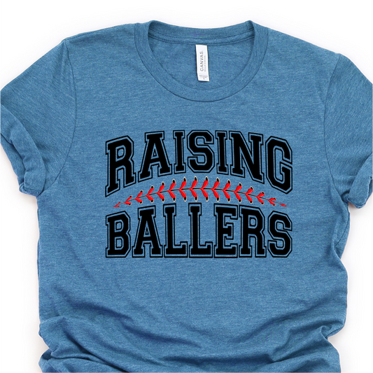 Raising Ballers - Baseball Stitch - Black -  Baseball Graphic Tshirt