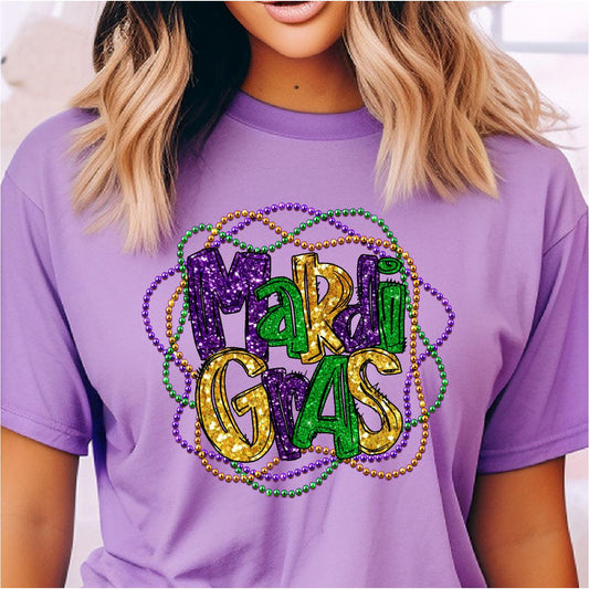 Fun Mardi Gras Beads and Cute Mardi Gras Letter DTF Transfer Print, T-Shirt Transfer - Nashville Design House